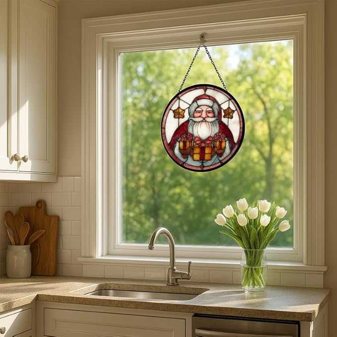 Stained Glass Window Hanging – 6.3 in Santa Claus Holding Presents Panel with Chain， Bathroom Front Door Living Room Garden Decor， Gift for Mom Wife Lovers