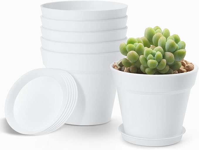 4 Inch Plastic Plant Pots 6 Pack, Small Flower Pots with Drainage Holes and Tray, Thickened Indoor Planters Seedlings Nursery Pots, African Violet, Succulent and All House Plants, White
