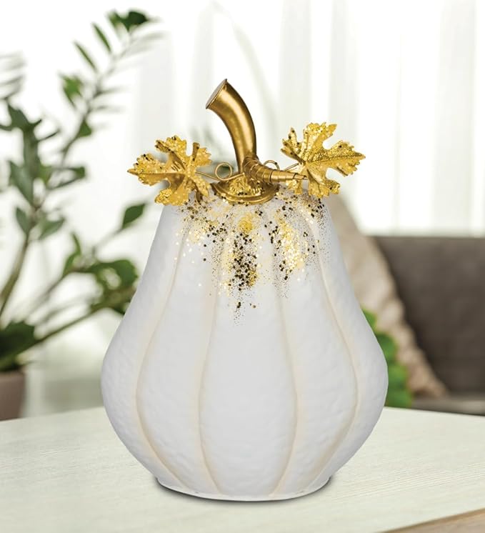 Regal Art & Gift Gilded Pumpkin Indoor/Outdoor Statue for Fall and Harvest Décor, Halloween Decorations | Metal Seasonal Accent for Porch, Patio, Garden, or Indoor Display | White
