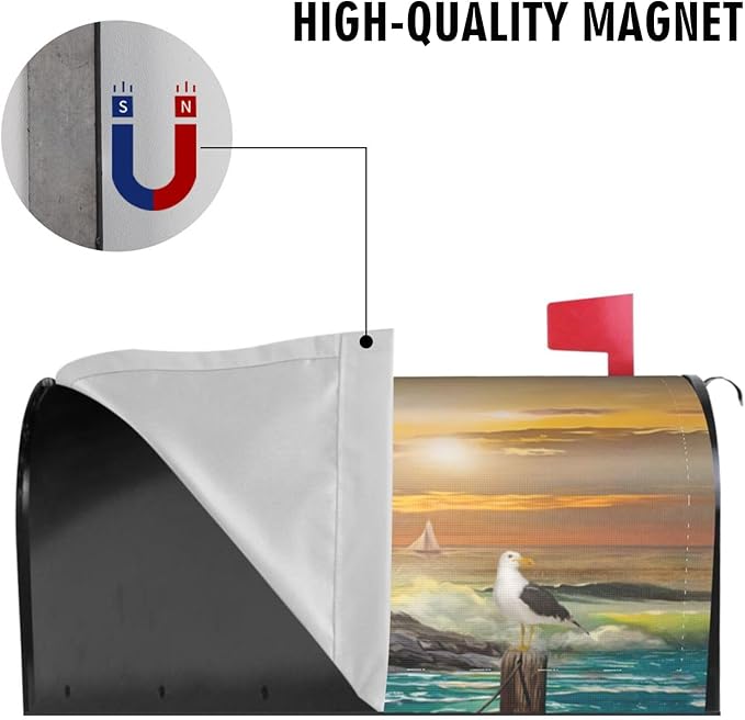 Lighthouse Mailbox Cover, Outdoor Magnetic Mail Cover Letter Post Box, 25.5x21 in Sea Wave White Cloud Nautical Mailwrap for Yard Garden Outside Decor