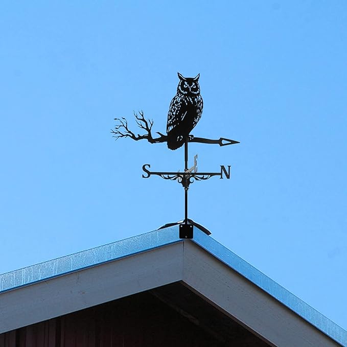 3D Animal Metal Weather Vane, Wind Direction Indicator, Garden Patio Roof Decoration (Owl)