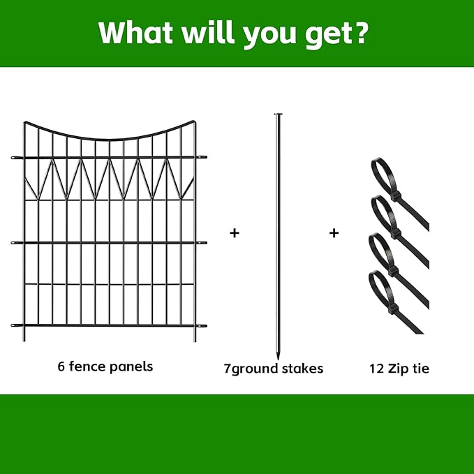 6 Panels Garden Fence Animal Barrier, 32in(H)×13.5ft(L) Rustproof Metal No Dig Fence | Reusable Decorative Garden Fence Border with Extra-Long Ground Stakes | Temporary Dog Fence for Yard, Black