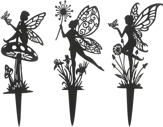 Fairy Decorative Garden Stakes Decorative Set Fairies for Fairy Garden Black Metal 3P