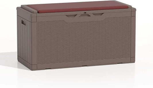 Patiolife 100 Gallon Resin Deck Box with Cushion, Large Outdoor Storage Box for Garden Tools, Pool Supplies, Waterproof and Lockable, Dark Brown