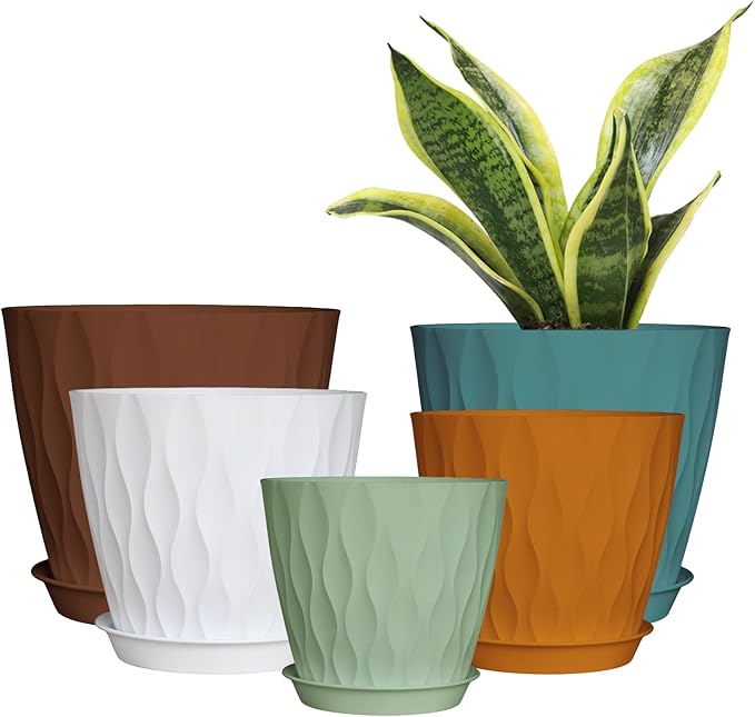 Plastic Plant Pots with Drainage Holes and Saucers, 8/7/6/5/4 Inches Garden Plant Flower Pots for Indoor Planter, 5 Pack Nursery Planting Pot for Indoor & Outdoor House Plants (Multicolor, 8/7/6/5/4)