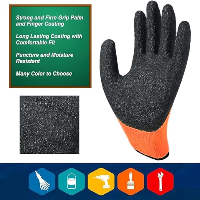 OTECKO Safety Work Gloves with Latex Rubber Coating, Non-Slip Grip, Breathable and Washable, Pack of 10 Pairs