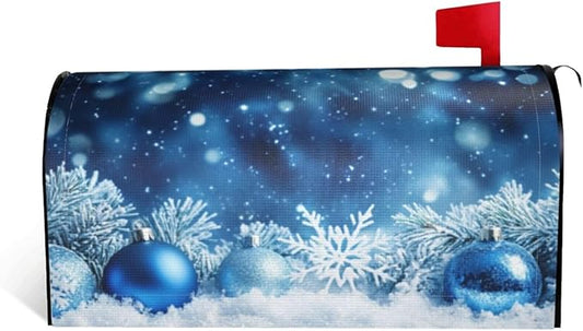 Festive Magnetic Mailbox Cover Blue Ball Snowflake Outdoor Mailbox Protector Holiday Seasonal Decorative Garden Yard Home Large Size 25.5 x 21 Inch