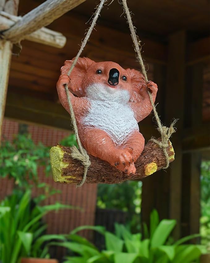 Swinging Koala Figurines Resin Garden Statues for Patio Balcony Backyard Lawn Ornaments Orange A