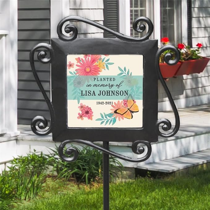 GiftsForYouNow Personalized Planted in Memory of Garden Stake, 28” by 8.5”, Wrought Iron Stake with Decorated Tile, Front Yard Garden in Memory of