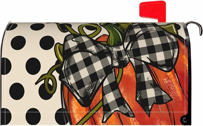 Fall Mailbox Covers Magnetic Standard Size Pumpkin Autumn Polka Dot Plaid Thanksgiving Mailbox Wraps Holiday Seasonal Outdoor Decorative Letter Box Cases for Home Garden Outside Decor, 21x18 Inch