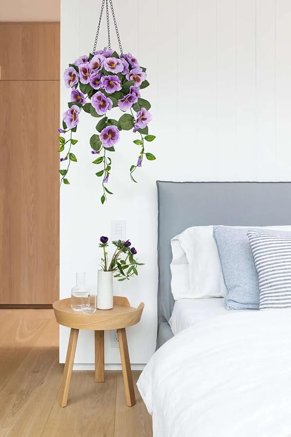 Briful Artificial Hanging Basket Outdoor Light Purple Pansy Fake Flowers Realistic Silk Fall Bloom Faux Flowers Coconut Basket for Home Decor Indoor Farmhouse Balcony Patio Garden