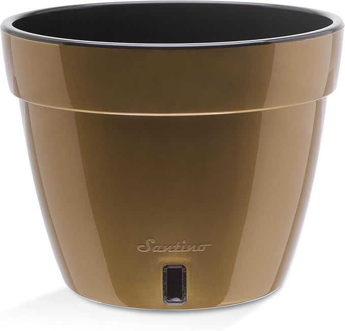 Santino ASTI 7.9 Inch Self Watering Planters Gold/Black (Set of 3) for Indoor Plants - Premium Quality Modern Plastic Pot w/Water Level Indicator for All House Plants, African Violets and Dahlias