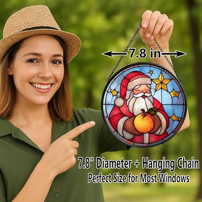 Stained Glass Window Hanging – 7.8 in Santa Claus Panel with Chain， Christmas Bathroom Front Door Living Room Garden Decor for Mom Wife Lovers