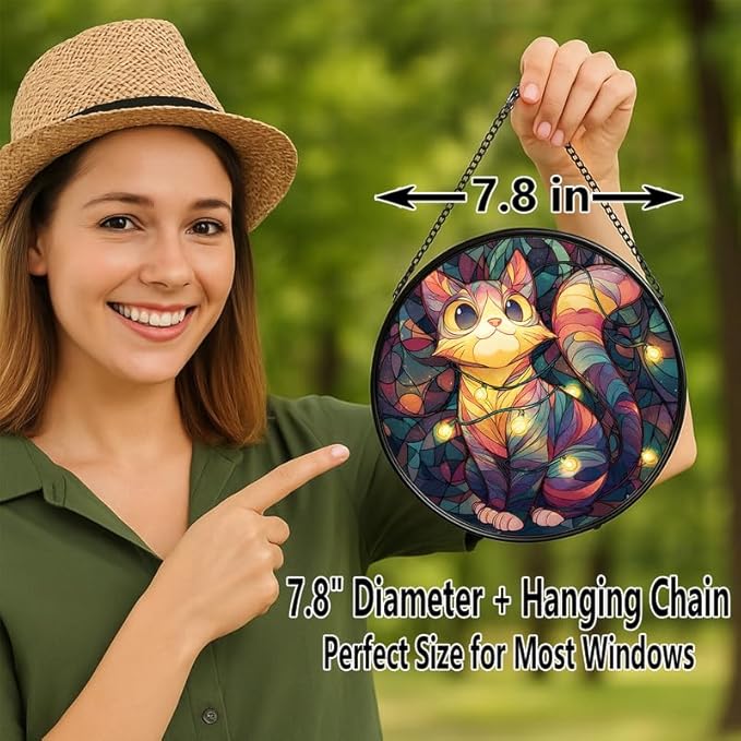 Stained Glass Window Hanging – 7.8 in Cute Cat with Lights Panel with Chain， Bathroom Front Door Living Room Garden Decor， Gift for Mom Wife Lovers