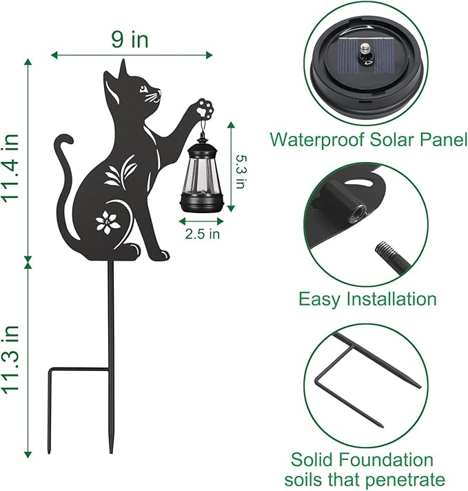 2Pack Solar Outdoor Garden Lights Stakes Solar Metal Cat Lawn Deco Statue Black Cat Patio Garden Decorative Stakes with Solar Lantern Christmas Birthday Gifts for Women Mom and Grandma