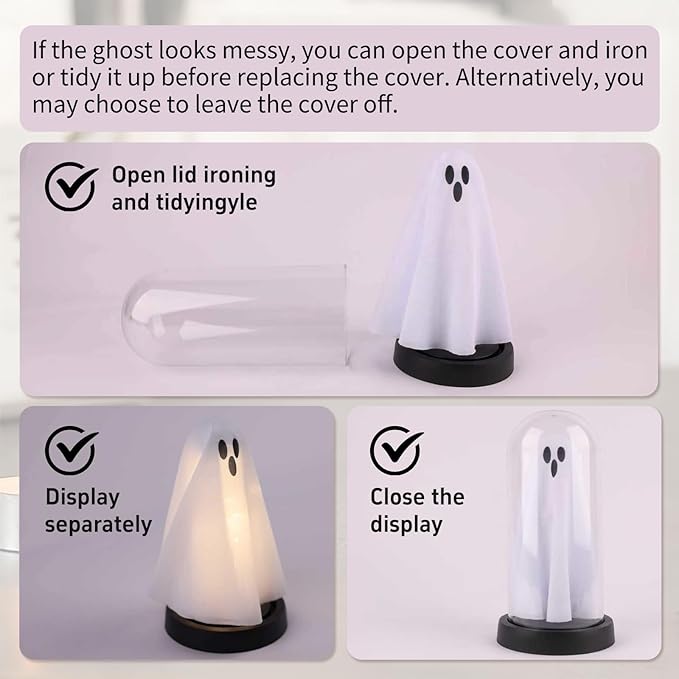 Halloween Decorations Indoor, Light Up Ghost in Transparent Dome Cloche, Cute Spooky Ghost Decor for Tabletop Mantel Display and Holiday Decorations