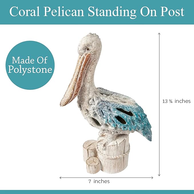 Blue Pelican on Post Figurine – 13.75” Coastal Nautical Decor, Coral Reef Ocean Statue for Beach Home Accent, Shelf, Mantel, or Tabletop Display