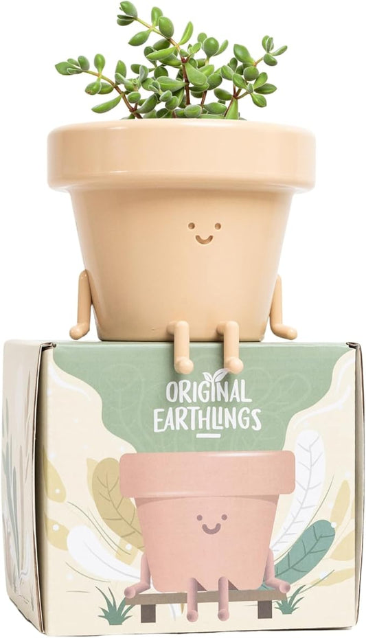 Original Earthlings Sitting Small Plant Pot - 4 Inch Cute Plant Pot - Succulent & Cactus Christmas Planters, Removable Drainage Plug, Cute Decor Plant Gifts for Plant Lovers, Teacher Gifts