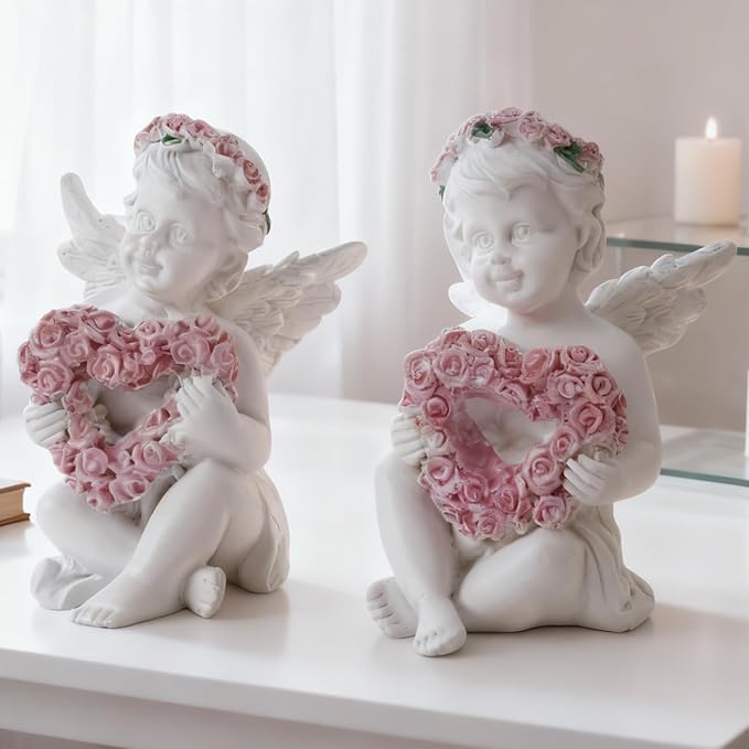2-Piece Angel Figurines with Rose Heart - Handmade Resin Home Decor, Indoor Outdoor Angel Statues, Desktop Ornaments, Ideal Blessing Gift for Parents & Friends