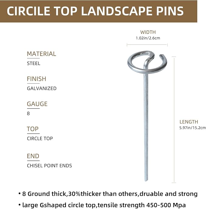 50 Pack Circle Top Landscape Fabric Stakes 8 Gauge Landscape Pins, More Holding Power Than U-Shape Garden Staples, 6 Inch Length Garden Stakes Not Easy to Bend, Yard Lawn Spikes for Plant Cover