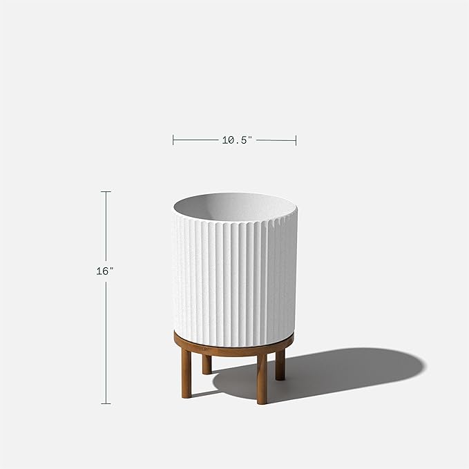 Veradek Demi Series Round Planter w/Stand for Porch/Patio | Durable Plastic-Stone Composite & Wooden Stand | Modern Décor for Tall Plants, Flowers