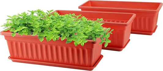 GREANER Long Planters for Outdoor Plants, 3 Pack 16.9x7.48 Inch Flower Windowsill Plastic Countryside Vegetable Box Pot with Tray for Plant Growing DIY in Garden, Balcony, Houses - Red