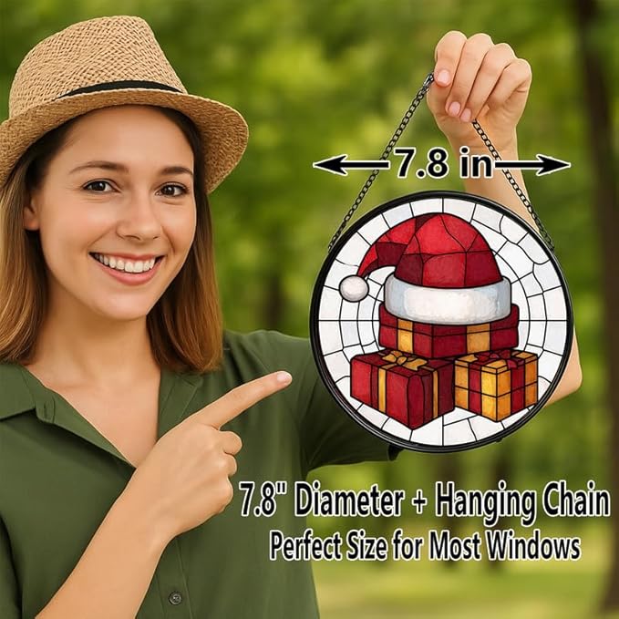 Stained Glass Window Hanging – 7.8 in Santa Hat Gift Box Panel with Chain， Bathroom Front Door Living Room Garden Decor， Gift for Mom Wife Lovers