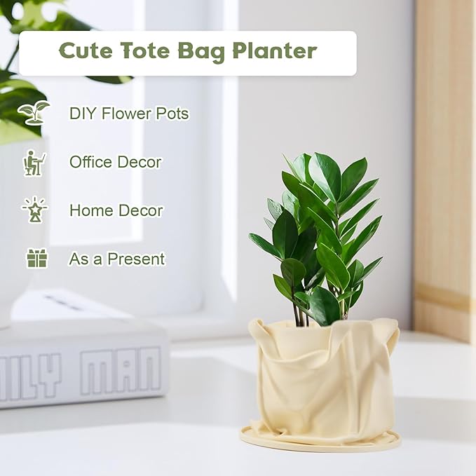 Bag Shape Flower Pot, Tote Bag Planter with Drainage Hole & Saucer, Indoor Small Succulent Cactus Pot for Indoor & Outdoor Garden Decor