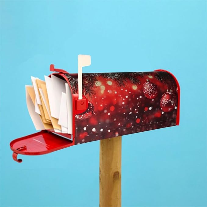 Festive Magnetic Mailbox Cover Red Christmas Ball Pattern Outdoor Mailbox Protector Holiday Seasonal Decorative Garden Yard Home Standard Size 21 x 18 Inch