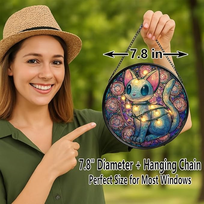 Stained Glass Window Hanging – 7.8 in Cute Cat with String Lights Panel with Chain， Bathroom Front Door Living Room Garden Decor， Gift for Mom Wife Lovers