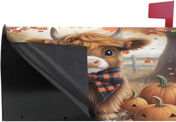 Autumn Highland Cow Fall Pumpkin Magnetic Mailbox Cover MailWraps Garden Yard Home Decor for Outside Standard Size-18"x 20.8"
