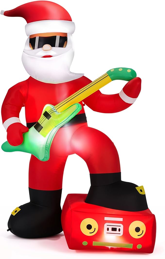 VINGLI 7.5ft Black Musical Santa Inflatable, Christmas Inflatable Santa Claus Playing Guitar, Gaint Blow up Outdoor Decoration with LED Lights for Lawn, Garden, Xmas Holiday Decor