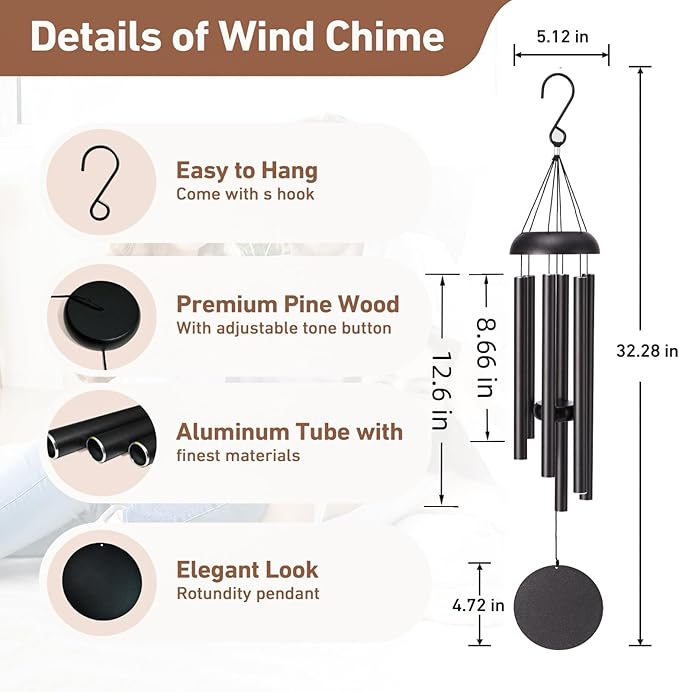 Wind Chimes for Outside - Deep Tone Soothing Melodic Tones, Outdoor Wind Chimes for Garden, Patio Decor, Memorial Sympathy Gift for Loss of Loved One （32''Black）
