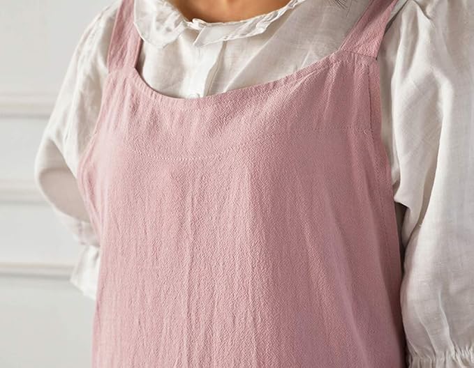 NEWGEM Cotton Linen Cross Back Apron for Women with Pockets for Baking Painting Pink with Waist Ties