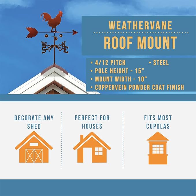 SWEN Products Rooster Chicken Weathervane (Roof Mount Included)