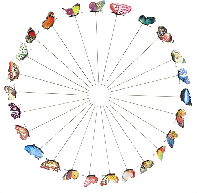 24pcs Butterfly Garden Posts - Colorful Metal Butterfly Decorations for Outdoor Gardens, courtyards, Flower beds, Indoor planters, Party Decorations - Waterproof Material