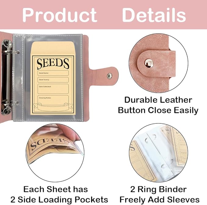 Seed Storage Organizer Binder, Leather Seed Packet Organizer with 50 Clear Pockets(25 Pack Sheet Sleeves) and 50 Pack Seed Envelopes, Garden Seed Holder Book, Plant Seed Saver, Flower Seed Keeper