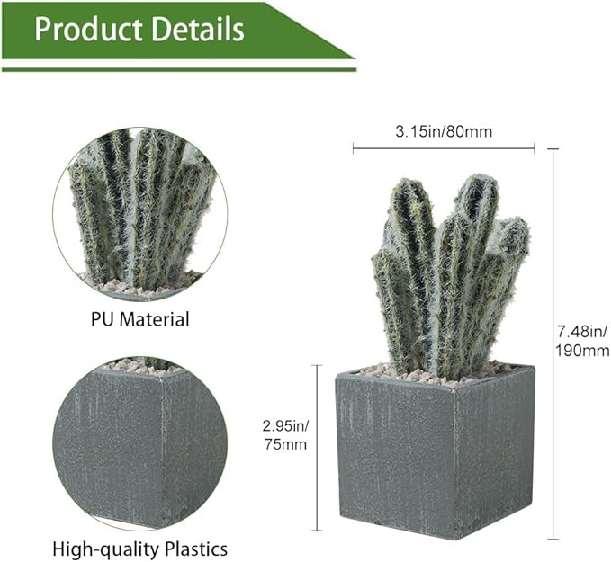 Cactus Artificial Plants in Gray Pots, Realistic Faux Cactus Potted Décor for Home, Office, Kitchen, Living Room, Desk, Shelf, and Indoor Decoration (Cylinder)