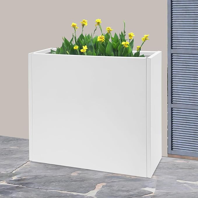 Metal Planter Box, Tall Rectangular Raised Garden Bed with Removable Shelf and Drainage Holes, Modern Steel Garden Planter, Flower Planter Boxes for Patio, Yard & Porch, Outdoor (White, 34*10*30in)