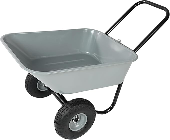 Metal Wheelbarrow, Easy Loading and Dumping Garden Cart with Steel Tray, Durable Heavy Duty Utility Trolley for Transporting, Soil, Sand (Gray, 2 Wheels)
