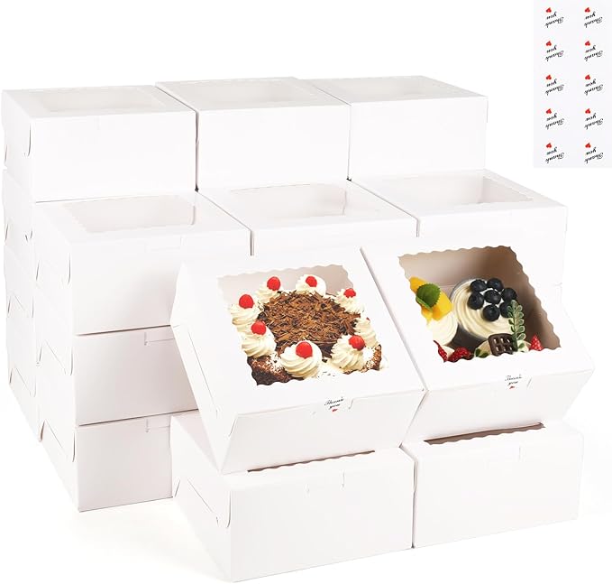 30 Pcs Bakery Boxes with Window, 6x6x3 Inches Cookie Boxes, White Paperboard Treat Boxes for for Pastries, Cookies, Strawberries, Macarons, Desserts, Cupcakes with paper stickers