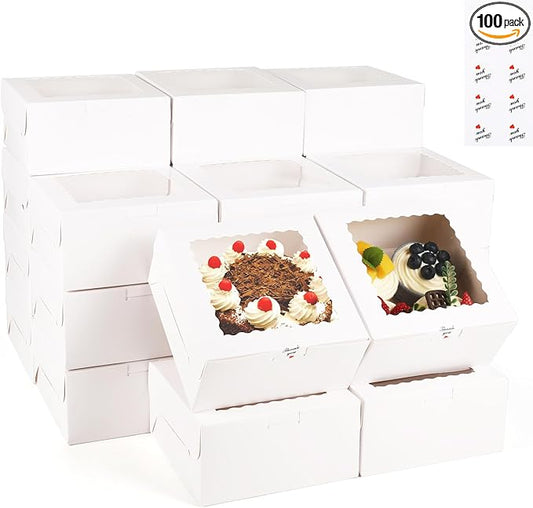 100 Pcs Bakery Boxes with Window, 6x6x3 Inches Cookie Boxes, White Paperboard Treat Boxes for for Pastries, Cookies, Strawberries, Macarons, Desserts, Cupcakes with paper stickers