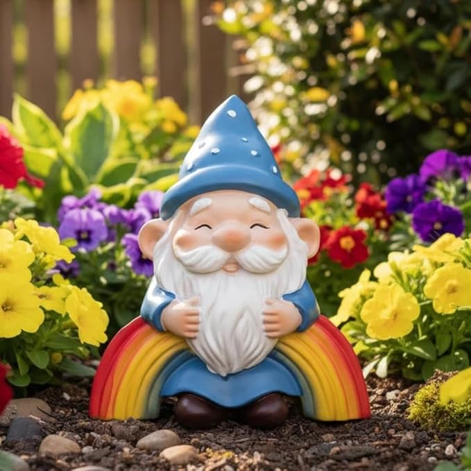 Christmas Santa Gnome Statue with Polka Dot Hat, Colorful Rainbow Base, Indoor Outdoor Decorations, Cheerful Guardian for Garden Porch Patio Yard, Home Decor Housewarming Christmas Party Gift (Blue)
