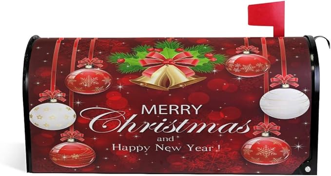 ALAZA Christmas Happy New Year Magnetic Mailbox Cover with Christmas Bells and Holly Berries Red MailWraps Garden Yard Home Decor for Outside Standard Size-18"x 20.8"