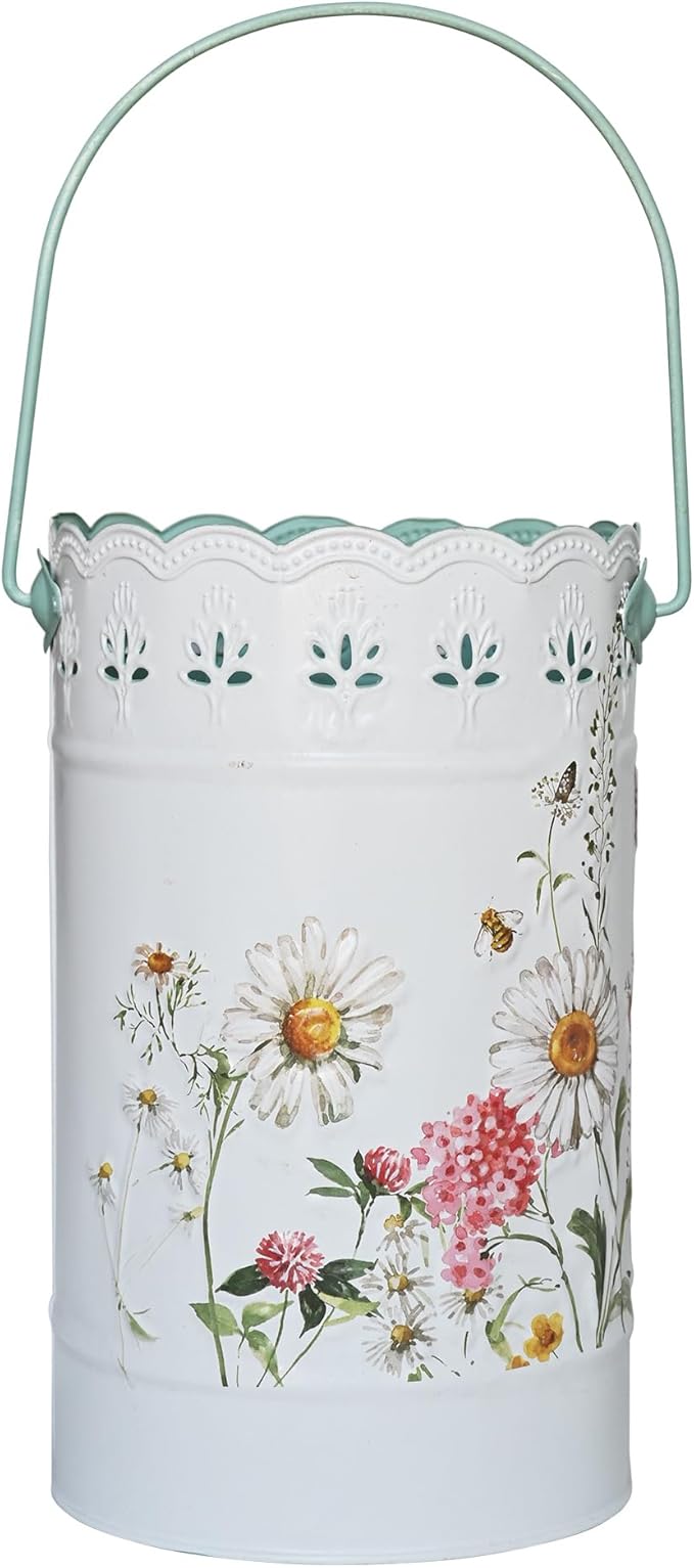 Set of 2 Vintage White Metal Flower Pots, Decorative Floral Buckets Distressed Iron Vases Farmhouse Planters for Dried Flowers, Faux Plants, Home Garden Decor (Flower)