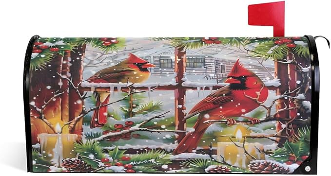 SUABO Mailbox Cover Red Cardinals Old Window Standard Magnetic Mailbox Covers Wraps for Christmas Home Yard Garden Decor