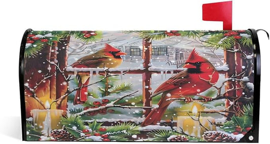 SUABO Mailbox Cover Red Cardinals Old Window Standard Magnetic Mailbox Covers Wraps for Christmas Home Yard Garden Decor
