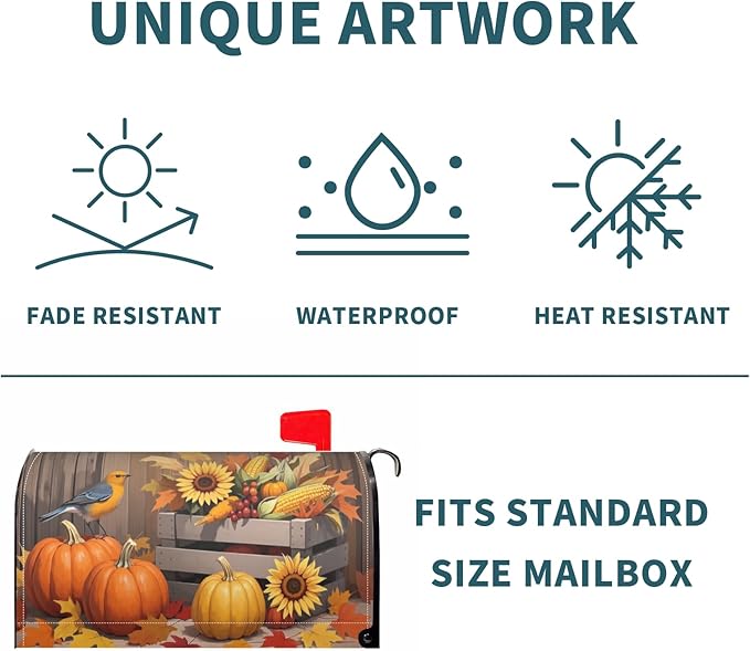 Fall Thanksgiving Large Mailbox Covers Magnetic Oversized Autumn Pumpkin Birds Sunflower Harvest Themed Seasonal Outdoor Decorative Letter Box Cases for Home Garden Outside Decor, 25.5 x 21 Inch