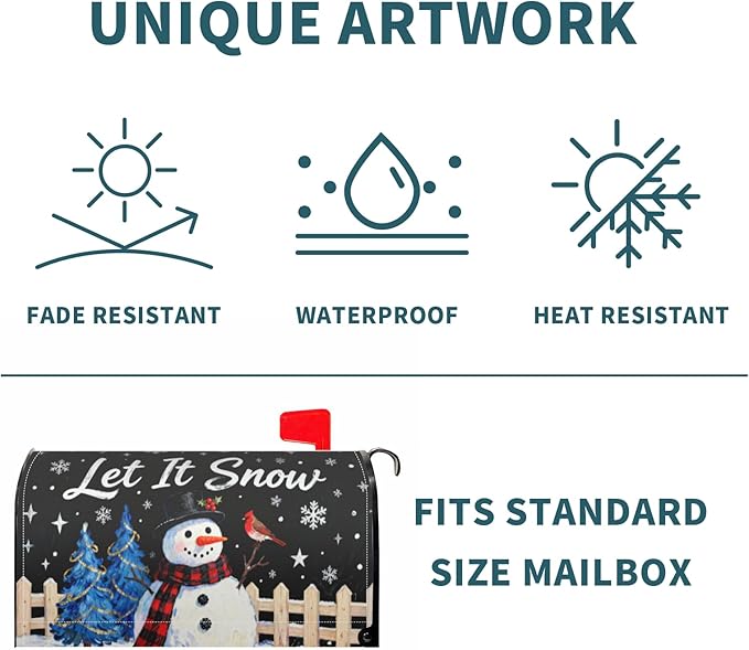 Christmas Snowman Large Mailbox Covers Magnetic Oversized Black Blue Xmas Tree Snowflake Cardinal Holiday Outdoor Decorative Letter Box Cases for Home Garden Outside Decor, 25.5x21 Inch