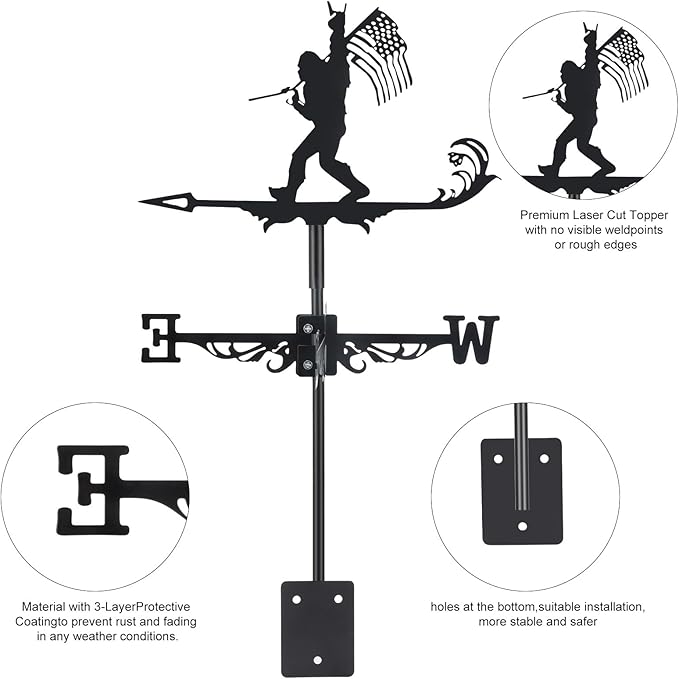 Metal Bigfoot Weathervanes, Black Metal Wind Direction Garden Decoration for Garden Farmhouse Chicken Coop Shed Outdoor Wind Measuring Tool Wind Direction Indicator